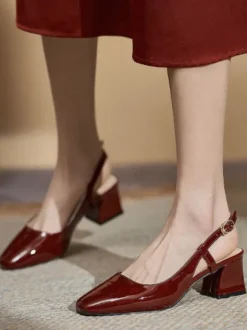 Women's Mid-Low Heels Lace Up Square Toe Chunky Heel Pumps Daily Casual Burgundy