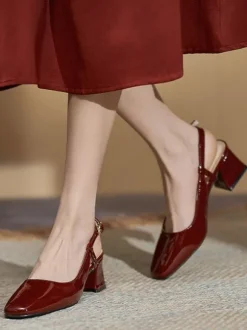 Women's Mid-Low Heels Lace Up Square Toe Chunky Heel Pumps Daily Casual Burgundy