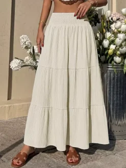Women Smocked High Waist Tiered Maxi Skirt Textured Flowy Casual Beach Skirt