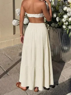 Women Smocked High Waist Tiered Maxi Skirt Textured Flowy Casual Beach Skirt