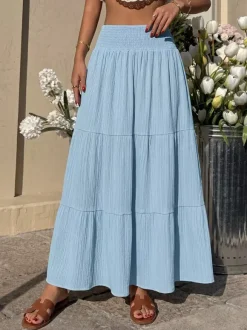 Women Smocked High Waist Tiered Maxi Skirt Textured Flowy Casual Beach Skirt
