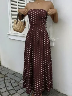 Women's Navy Blue White Polka Dot Strapless Maxi Dress High Waisted A Line Flowy Summer Dress