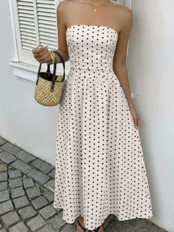 Women's Navy Blue White Polka Dot Strapless Maxi Dress High Waisted A Line Flowy Summer Dress