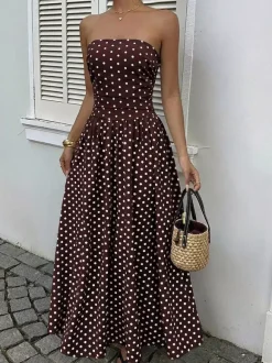 Women's Navy Blue White Polka Dot Strapless Maxi Dress High Waisted A Line Flowy Summer Dress