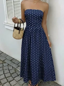 Women's Navy Blue White Polka Dot Strapless Maxi Dress High Waisted A Line Flowy Summer Dress