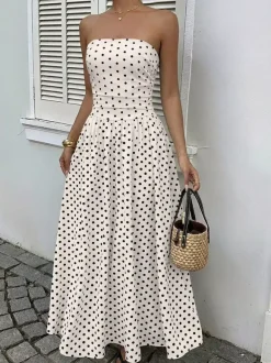 Women's Navy Blue White Polka Dot Strapless Maxi Dress High Waisted A Line Flowy Summer Dress