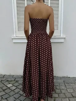 Women's Navy Blue White Polka Dot Strapless Maxi Dress High Waisted A Line Flowy Summer Dress
