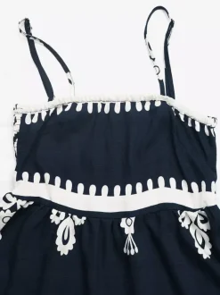 Women's Navy Blue White Print Spaghetti Strap Mini Dress Sleeveless A Line Summer Beach Dress