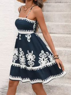 Women's Navy Blue White Print Spaghetti Strap Mini Dress Sleeveless A Line Summer Beach Dress
