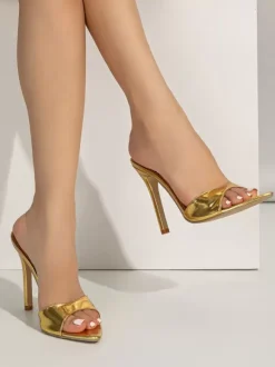 Women's Open Toe PU Leather Stiletto Heel Slide Sandals Gold