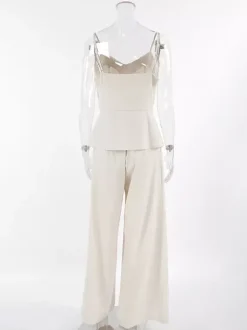 Women Spaghetti Strap V Neck Peplum Tank High Waist Pleated Wide Leg Pant 2 Piece Set