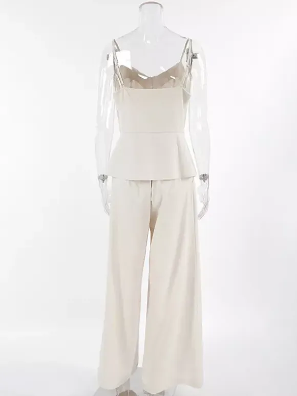 Women Spaghetti Strap V Neck Peplum Tank High Waist Pleated Wide Leg Pant 2 Piece Set