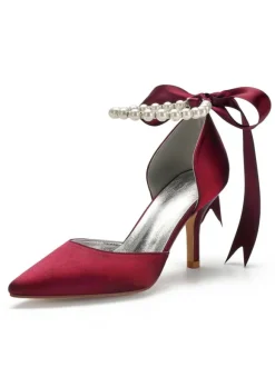 Women's Pearls Ankle Strap Lace Up Bridal Heels
