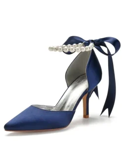 Women's Pearls Ankle Strap Lace Up Bridal Heels