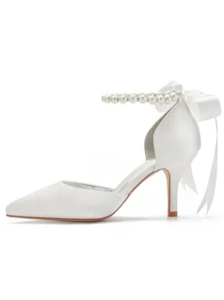 Women's Pearls Ankle Strap Lace Up Bridal Heels