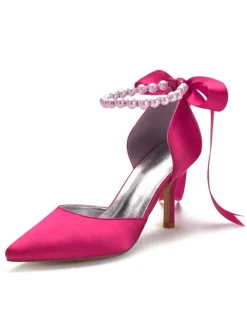 Women's Pearls Ankle Strap Lace Up Bridal Heels