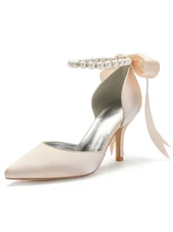 Women's Pearls Ankle Strap Lace Up Bridal Heels