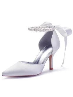 Women's Pearls Ankle Strap Lace Up Bridal Heels