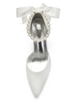 Women's Pearls Ankle Strap Lace Up Bridal Heels