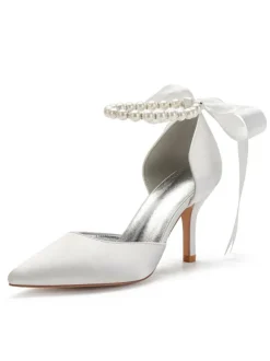 Women's Pearls Ankle Strap Lace Up Bridal Heels