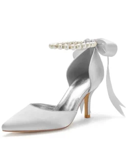 Women's Pearls Ankle Strap Lace Up Bridal Heels