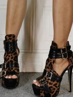 Womens Peep Toe Heels Buckles Leopard Print Platform Stiletto Heel Pumps