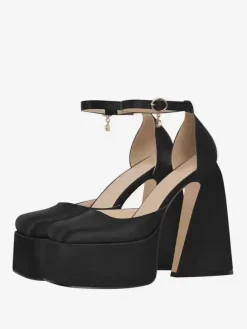 Women's Platform Heels Satin Square Toe Geometric Heel Ankle Strap Pumps