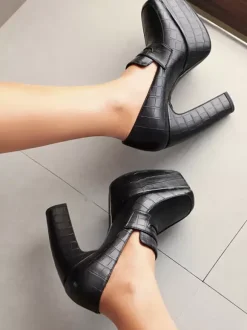 Women's Platform Loafers Chunky Heel Stone Pattern Slip On Pumps