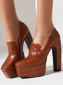 Women's Platform Loafers Chunky Heel Stone Pattern Slip On Pumps
