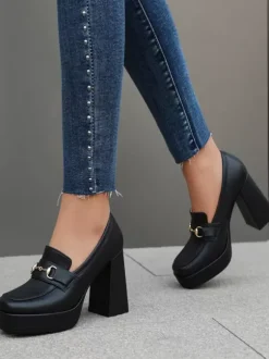 Women's Platform Loafers Metal Details Chunky Heel Pumps