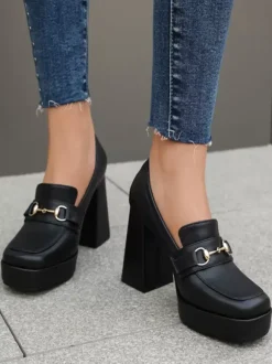 Women's Platform Loafers Metal Details Chunky Heel Pumps