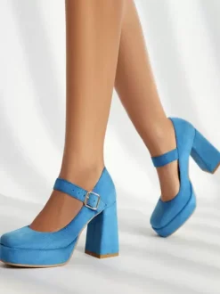 Women's Platform Pumps Square Toe Chunky Heel Buckle Strappy Mary Jane Pumps