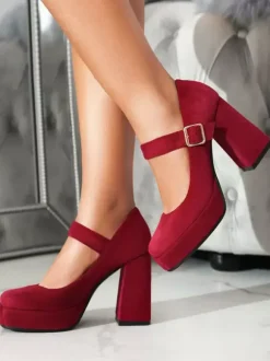 Women's Platform Pumps Square Toe Chunky Heel Buckle Strappy Mary Jane Pumps