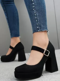 Women's Platform Pumps Square Toe Chunky Heel Buckle Strappy Mary Jane Pumps