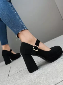 Women's Platform Pumps Square Toe Chunky Heel Buckle Strappy Mary Jane Pumps