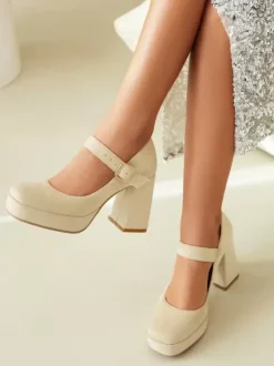 Women's Platform Pumps Square Toe Chunky Heel Buckle Strappy Mary Jane Pumps