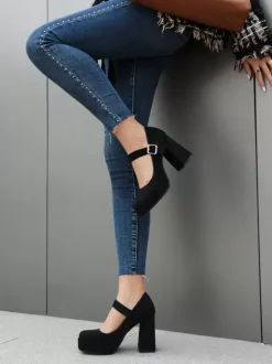 Women's Platform Pumps Square Toe Chunky Heel Buckle Strappy Mary Jane Pumps