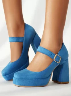 Women's Platform Pumps Square Toe Chunky Heel Buckle Strappy Mary Jane Pumps