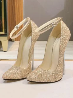 Womens Red High Heels Pointed Toe Stiletto Heel Sequined Cloth Sexy Ankle Strap Heels
