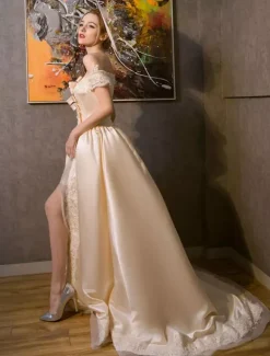 Women‘s Retro Costume Champagne Rococo Royal Princess Costume Off The Shoulder Satin Dress