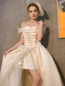 Women‘s Retro Costume Champagne Rococo Royal Princess Costume Off The Shoulder Satin Dress