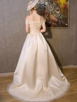 Women‘s Retro Costume Champagne Rococo Royal Princess Costume Off The Shoulder Satin Dress