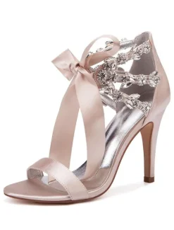 Women's Rhinestone Lace Up Wedding Shoes Heeled Sandals in Satin