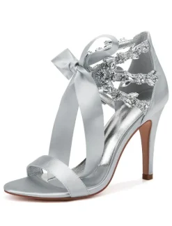 Women's Rhinestone Lace Up Wedding Shoes Heeled Sandals in Satin