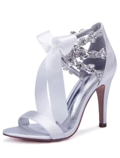 Women's Rhinestone Lace Up Wedding Shoes Heeled Sandals in Satin