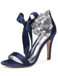 Women's Rhinestone Lace Up Wedding Shoes Heeled Sandals in Satin