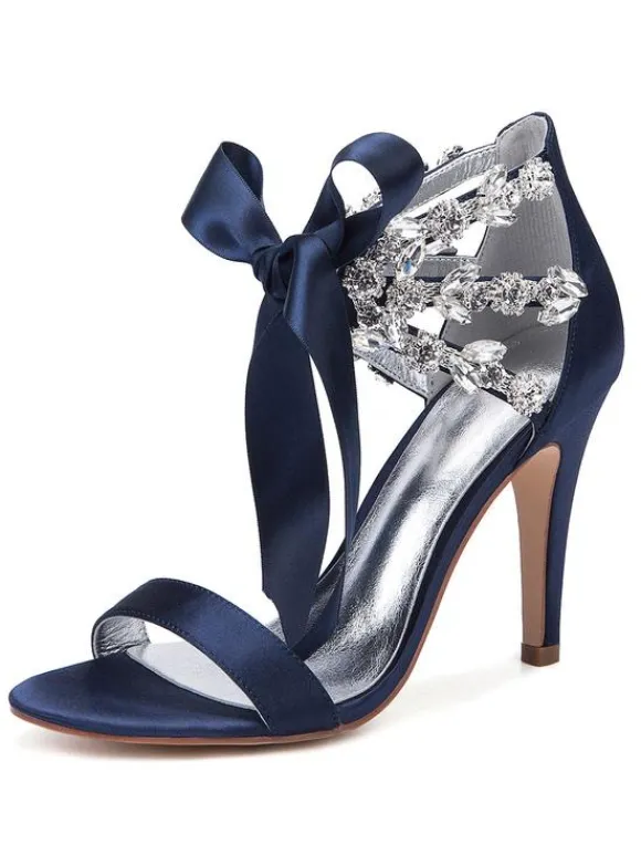 Women's Rhinestone Lace Up Wedding Shoes Heeled Sandals in Satin