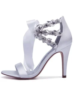 Women's Rhinestone Lace Up Wedding Shoes Heeled Sandals in Satin
