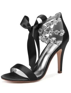 Women's Rhinestone Lace Up Wedding Shoes Heeled Sandals in Satin