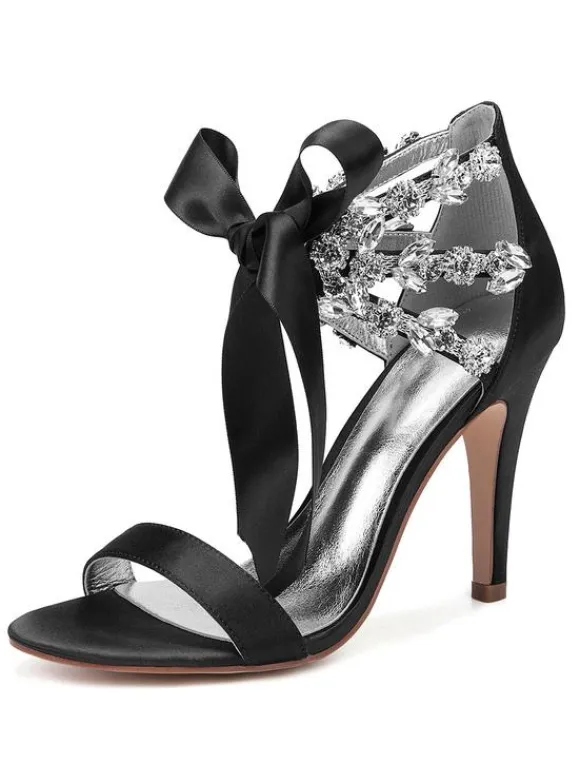 Women's Rhinestone Lace Up Wedding Shoes Heeled Sandals in Satin
